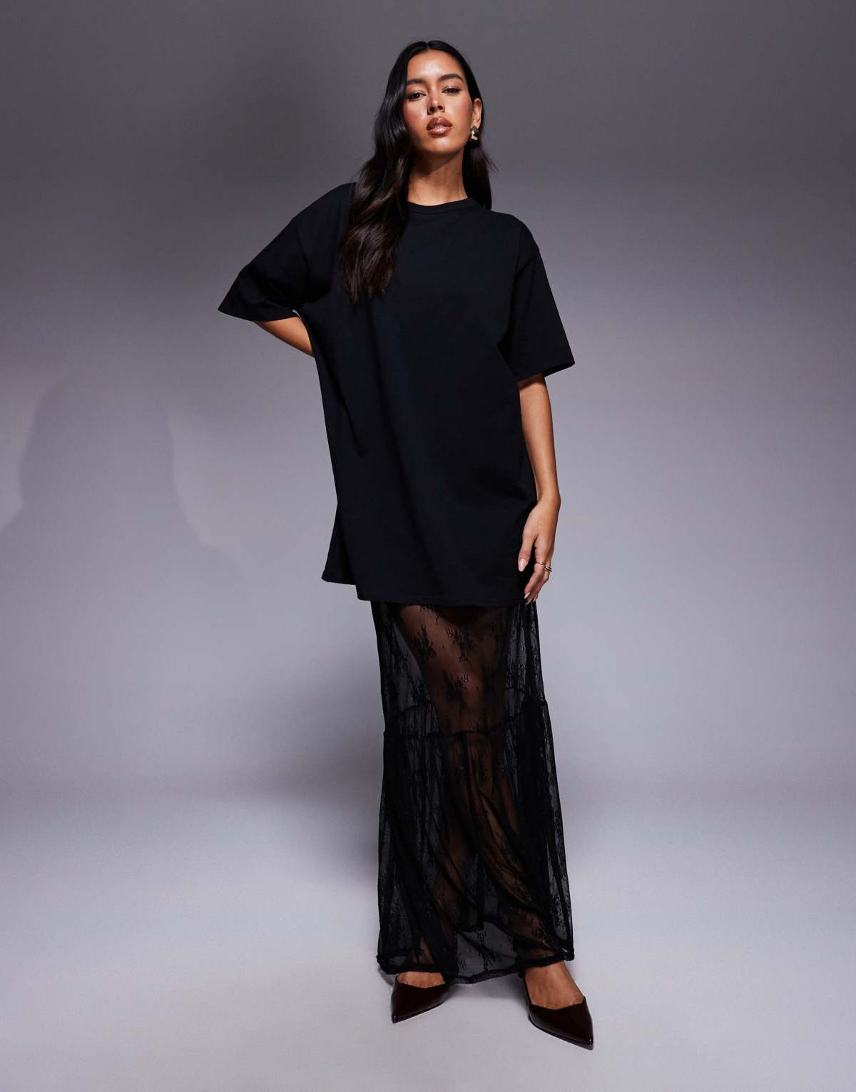 Fashionkilla cotton lace tiered hem maxi t-shirt dress in black