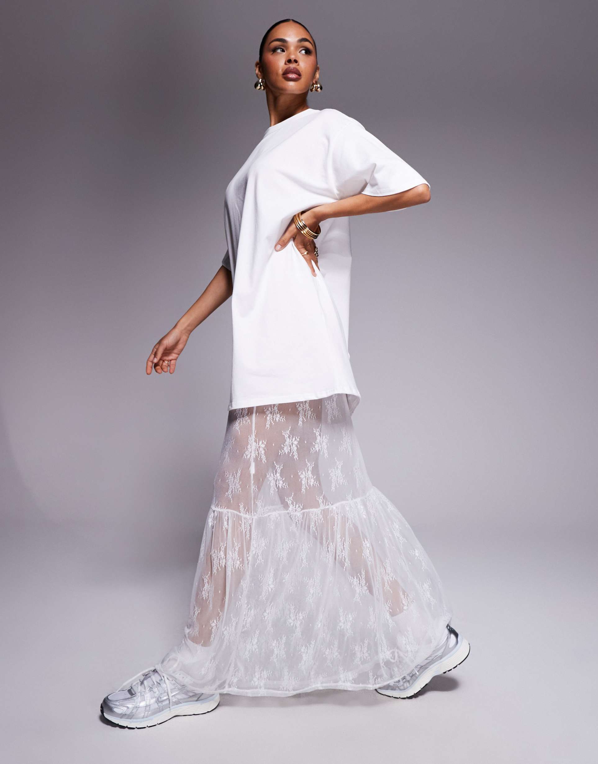 fashionkilla cotton lace tiered hem maxi t-shirt dress in white