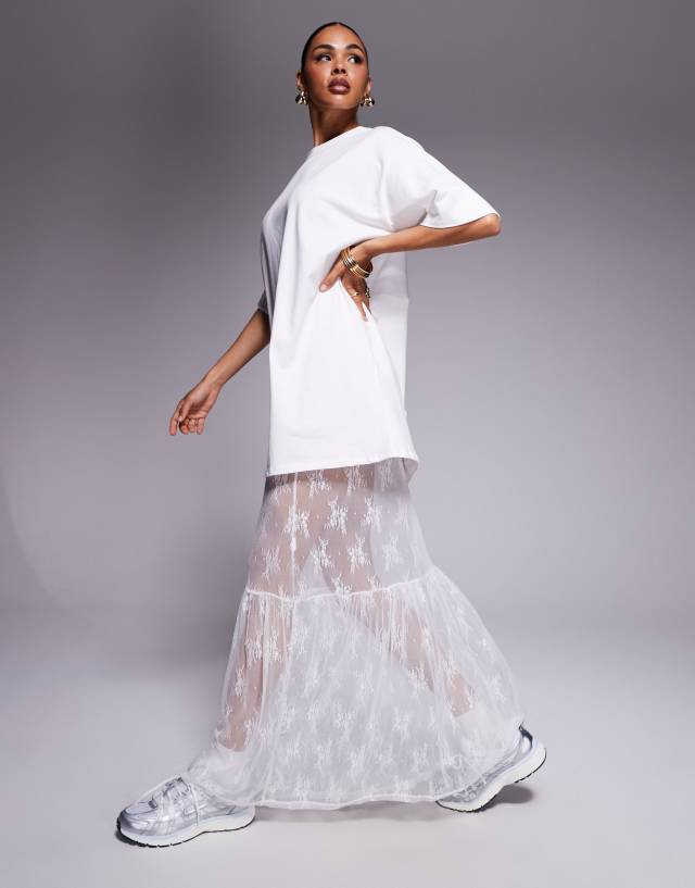 Fashionkilla cotton lace tiered hem maxi t-shirt dress in white