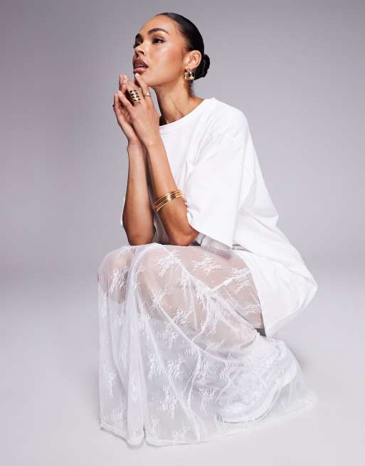 knee length dresses for ladies White Lace Trim Tiered Shirt Dress