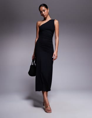 Fashionkilla cotton one shoulder ruched side maxi dress in black - view 1