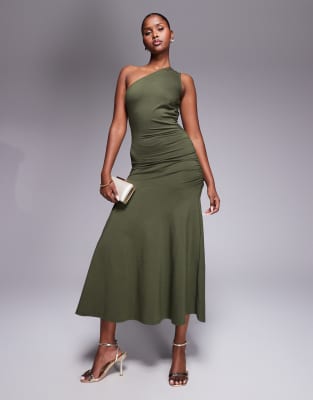 Fashionkilla cotton one shoulder ruched side maxi dress in khaki - view 1