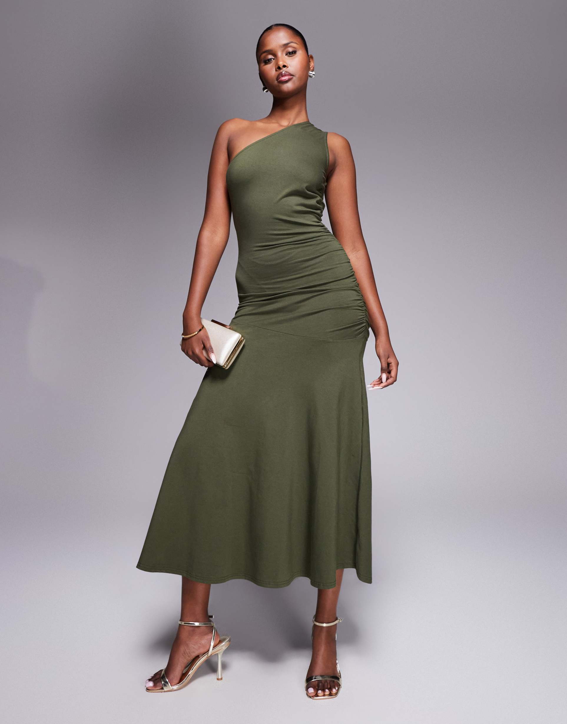 fashionkilla cotton one shoulder ruched side maxi dress in khaki