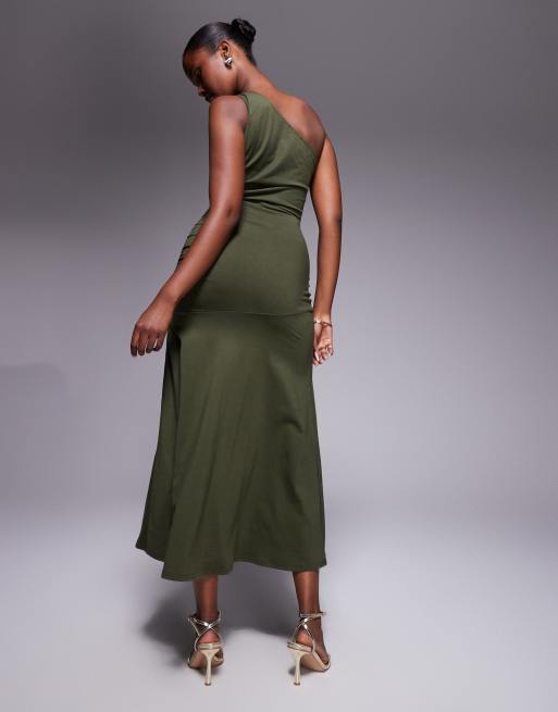Fashionkilla cotton one shoulder ruched side maxi dress in khaki-Green
