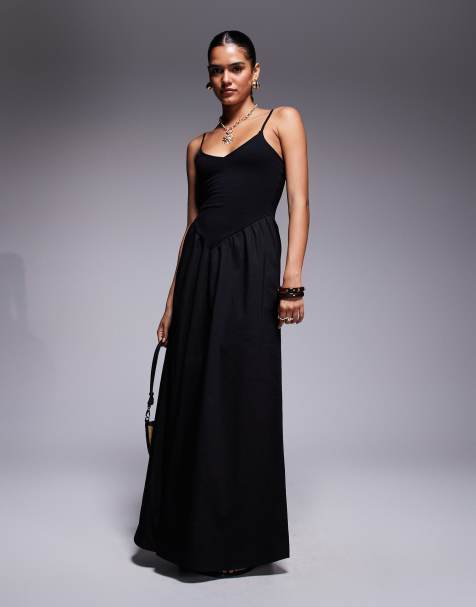 Fashionkilla cotton & poplin mix v neck drop waist detail maxi dress in black - view 1