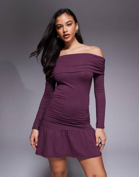 Fashionkilla cotton rich bardot ruched drop waist ruffle hem mini dress in plum - view 1