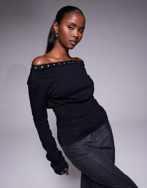 Fashionkilla cotton rich eyelet detail off shoulder cinch waist top in black