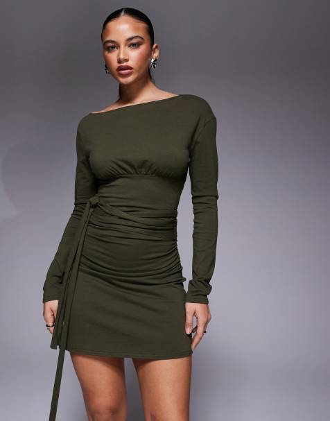 Fashionkilla exclusive cotton rich off shoulder long sleeve wrap waist detail mini dress in khaki