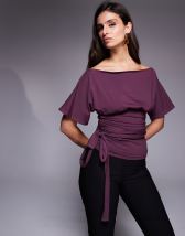 Fashionkilla cotton rich off shoulder long sleeve wrap waist detail t-shirt in burgundy