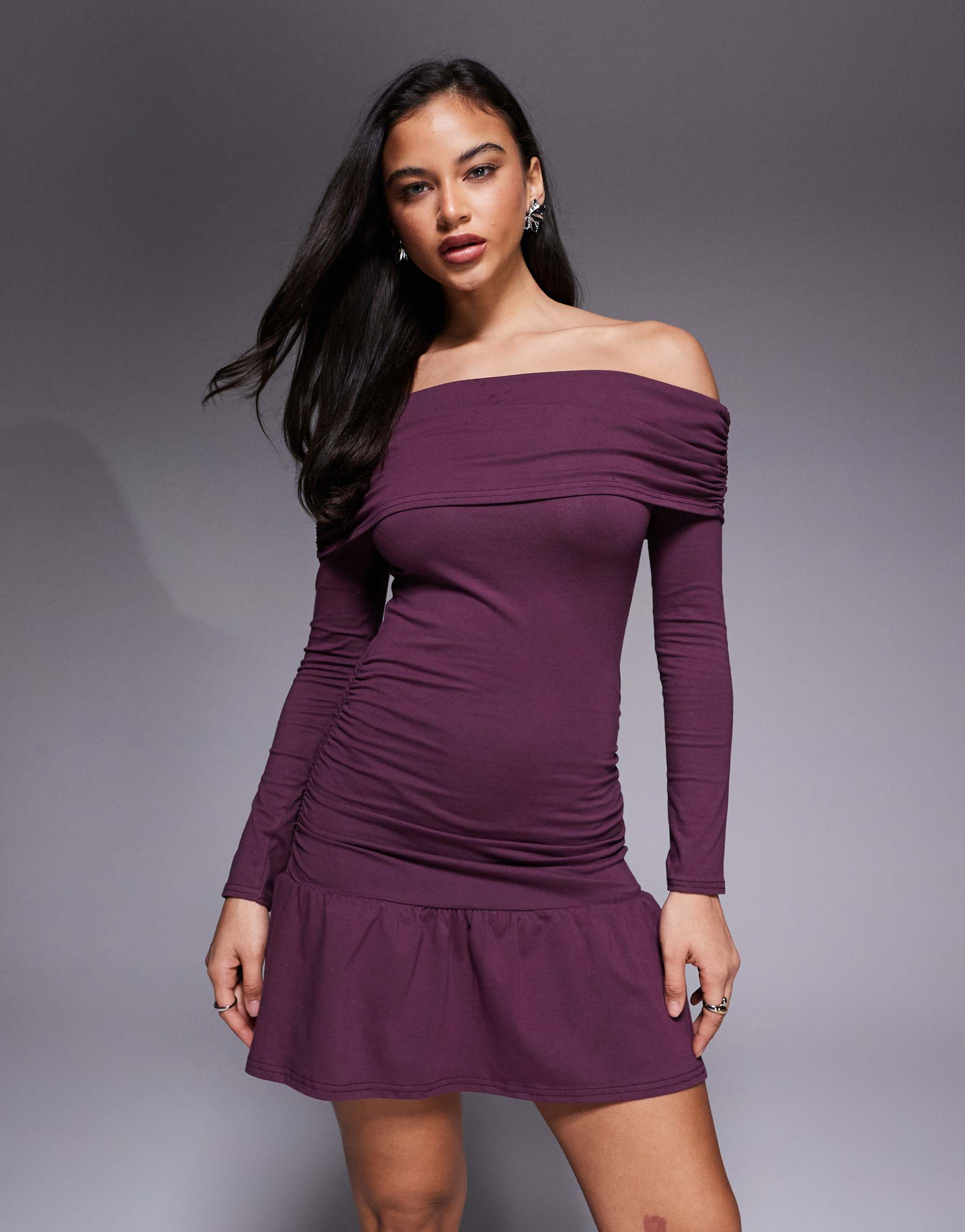 fashionkilla cotton rich ruched off the shoulder dropped waist ruffle hem mini dress in plum