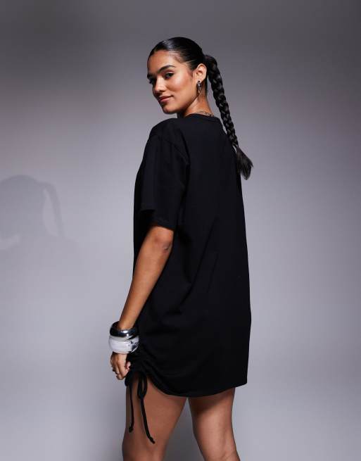 Fashionkilla cotton ruched tie side mini T-shirt dress in Black
