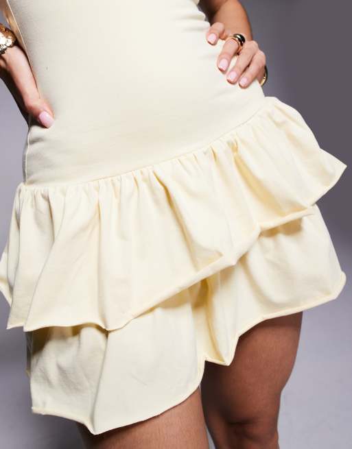 Fashionkilla cotton sleeveless drop waist ruffle hem mini dress in lemon