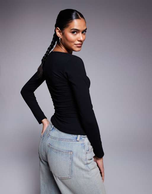 Fashionkilla cotton wide square neck long sleeve top in black