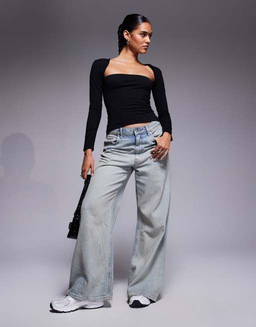 Fashionkilla cotton wide square neck long sleeve top in black