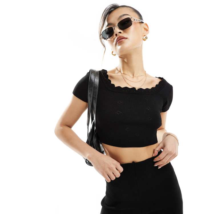 Fashionkilla Crop top d ensemble en maille pointelle avec bord en dentelle Noir