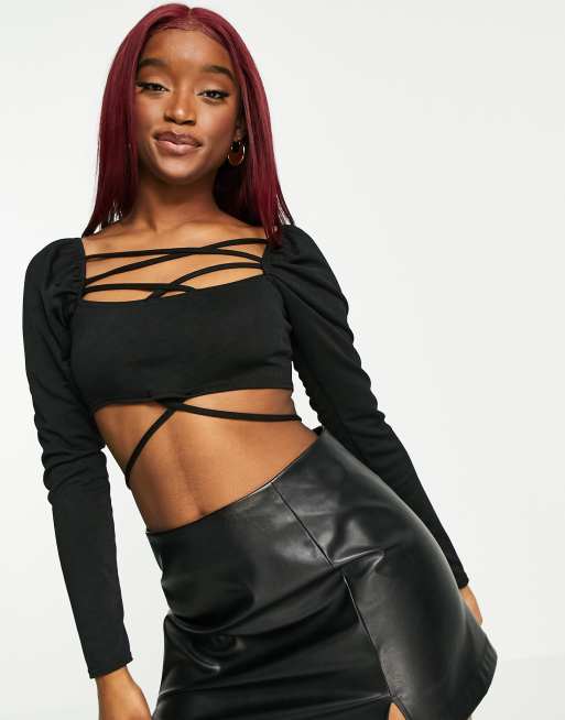Fashionkilla - Crop top nero con fascette, 4 di 4