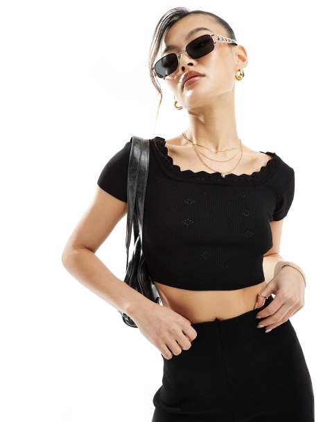 Fashionkilla - Crop top nero traforato con dettagli in pizzo in coordinato - view 1