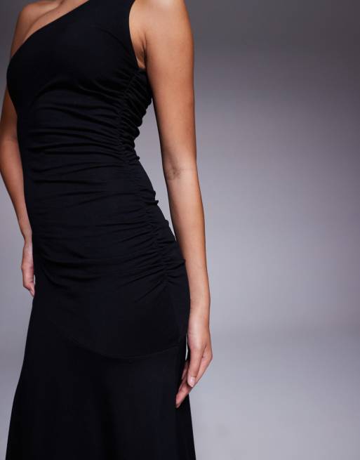 Fashionkilla – Czarna bawełniana sukienka maxi na jedno ramię z marszczeniem, 4 z 4