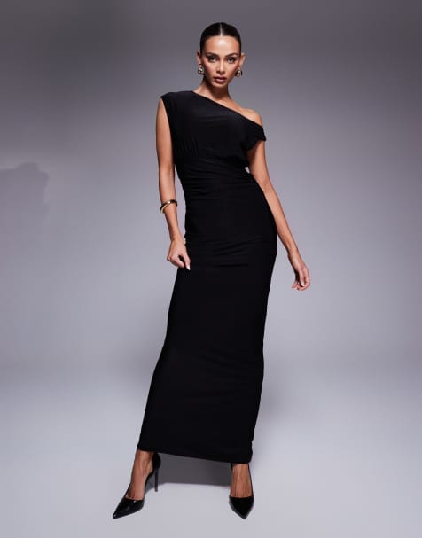 Fashionkilla – Czarna dwuwarstwowa usztywniana sukienka bodycon maxi z marszczeniami i asymetrycznym dekoltem - view 1