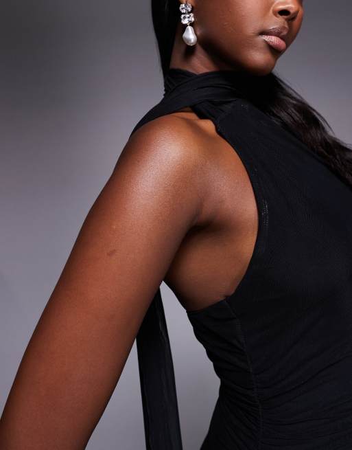 Fashionkilla – Czarna sukienka maxi z wiązaniem przy szyi i prześwitującym dołem z siateczkową warstwą wierzchnią, 4 z 4