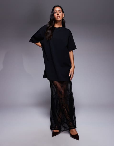 Fashionkilla – Czarna warstwowa sukienka T-shirtowa maxi z bawełny i koronki - view 1
