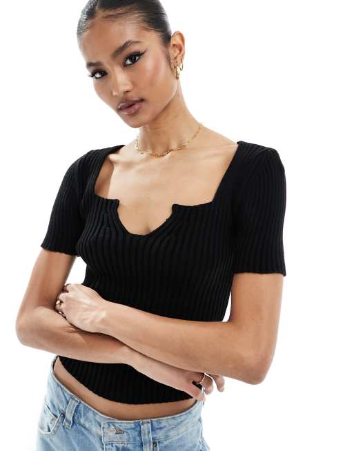 Fashionkilla – Czarny dzianinowy top z dekoltem w szpic