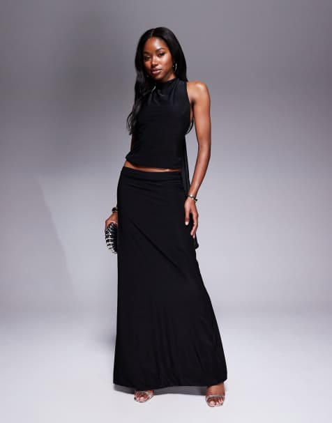 Fashionkilla double sculpted slinky open back knot detail top co-ord in black
