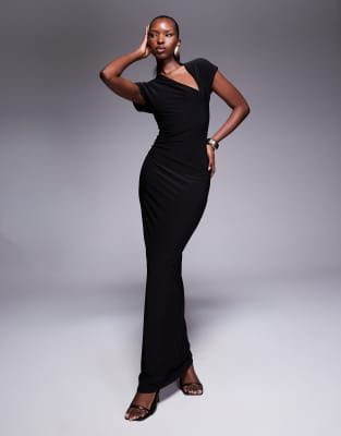 Fashionkilla - Doppellagiges, schmales, figurformendes Maxikleid in Schwarz mit Cap Sleeves und Schlitz