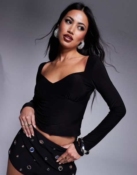 Fashionkilla double layer slinky ruched bust long sleeve top in black - part of a set - view 1