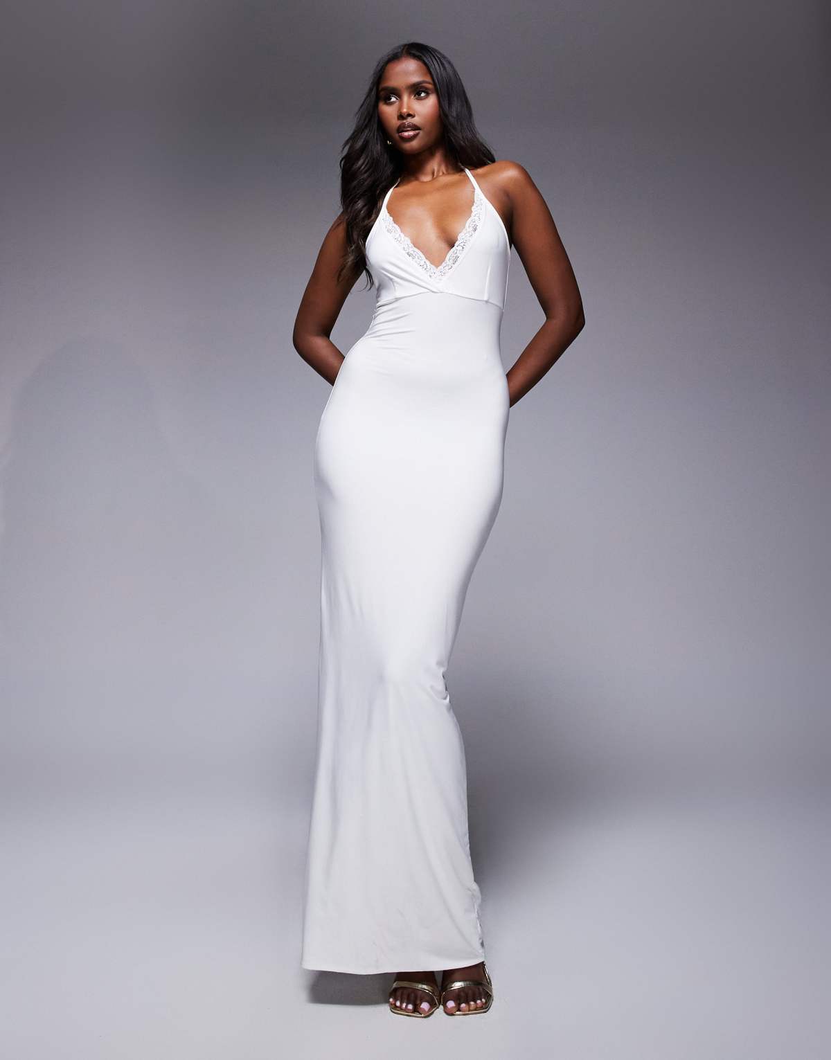Fashionkilla double layered lace trim wrap halterneck maxi dress in white
