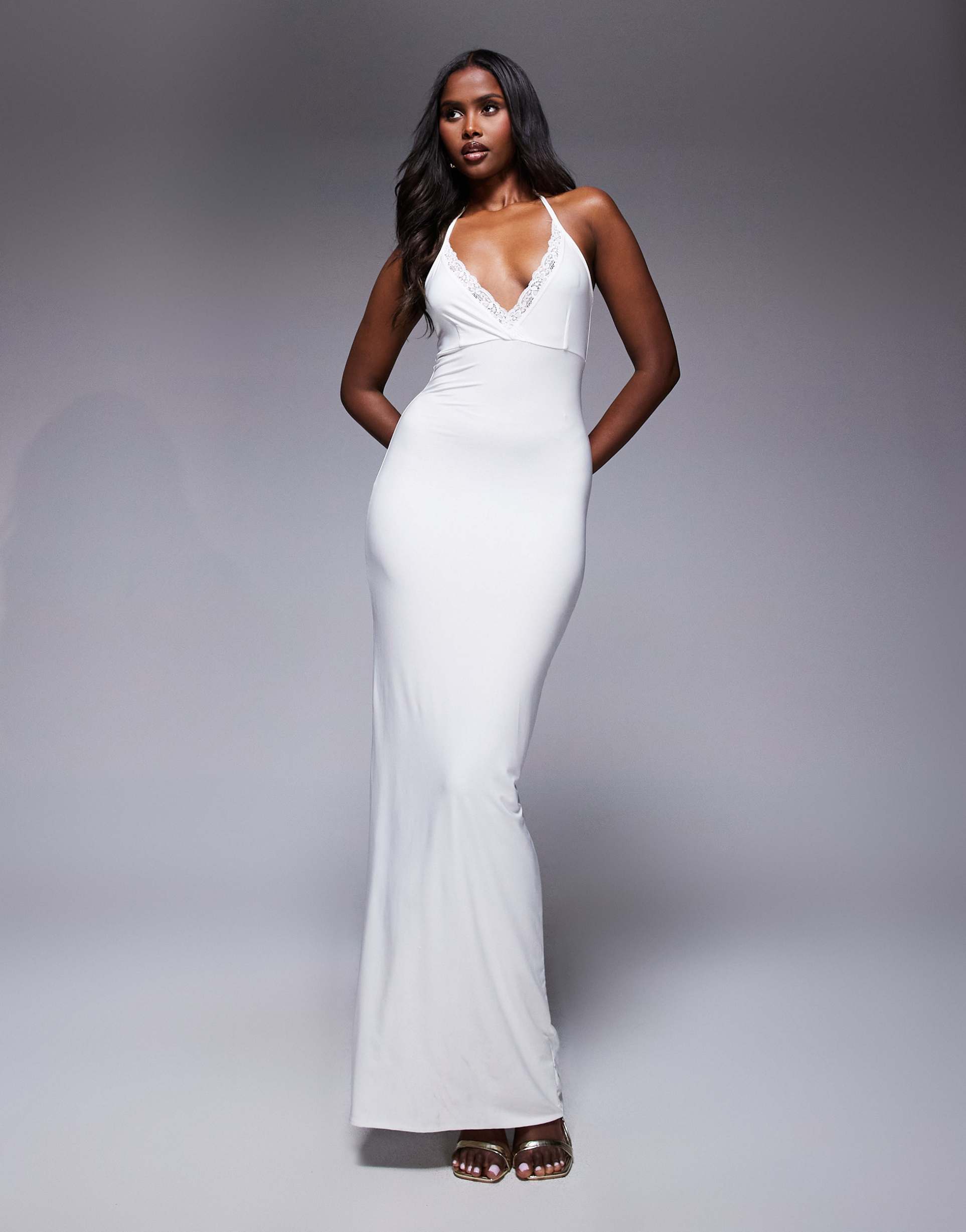 fashionkilla double layered lace trim wrap halterneck maxi dress in white