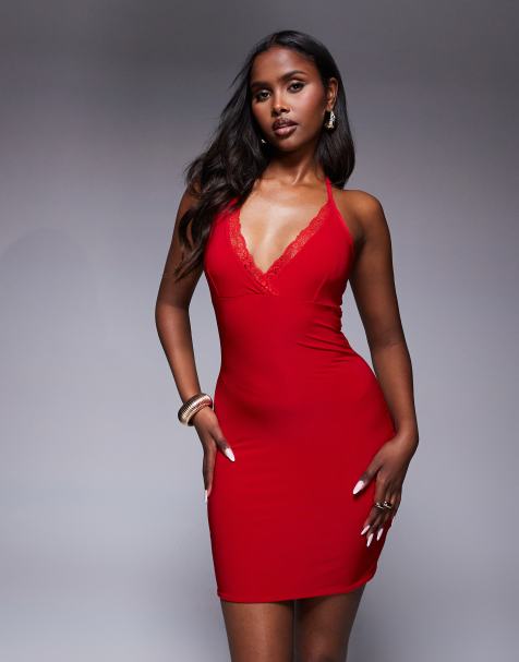 Fashionkilla double layered lace trim wrap halterneck mini dress in red - view 1