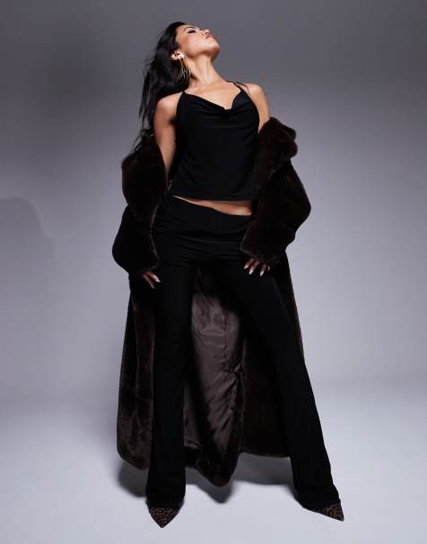 Fashionkilla double layered slinky cowl neck halterneck strappy back top in black - view 1