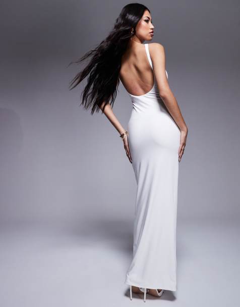 Fashionkilla double layered slinky high neck low back maxi dress in off white - view 1