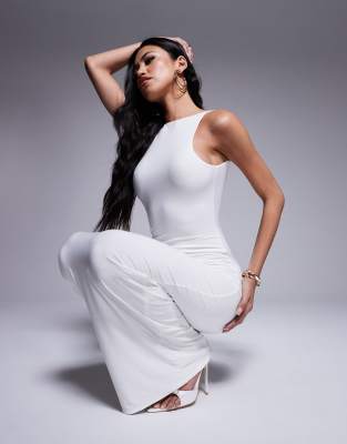 Fashionkilla Double Layered Slinky High Neck Low Back Maxi Dress In White
