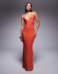[Fashionkilla] Fashionkilla double-layered slinky lace trim wrap halterneck maxi dress in orange 6 ORANGE