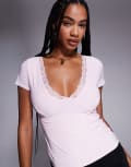 [Fashionkilla] Fashionkilla double layered slinky plunge lace trim t-shirt in pink 6 PINK