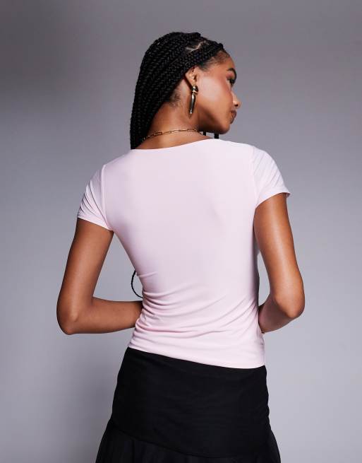 Fashionkilla double layered slinky plunge lace trim t-shirt in pink