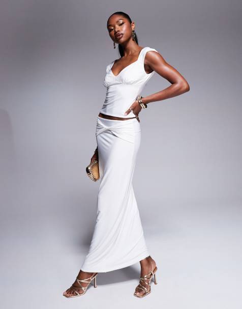 Fashionkilla double layered slinky twist v waist maxi skirt co-ord in off white - view 1