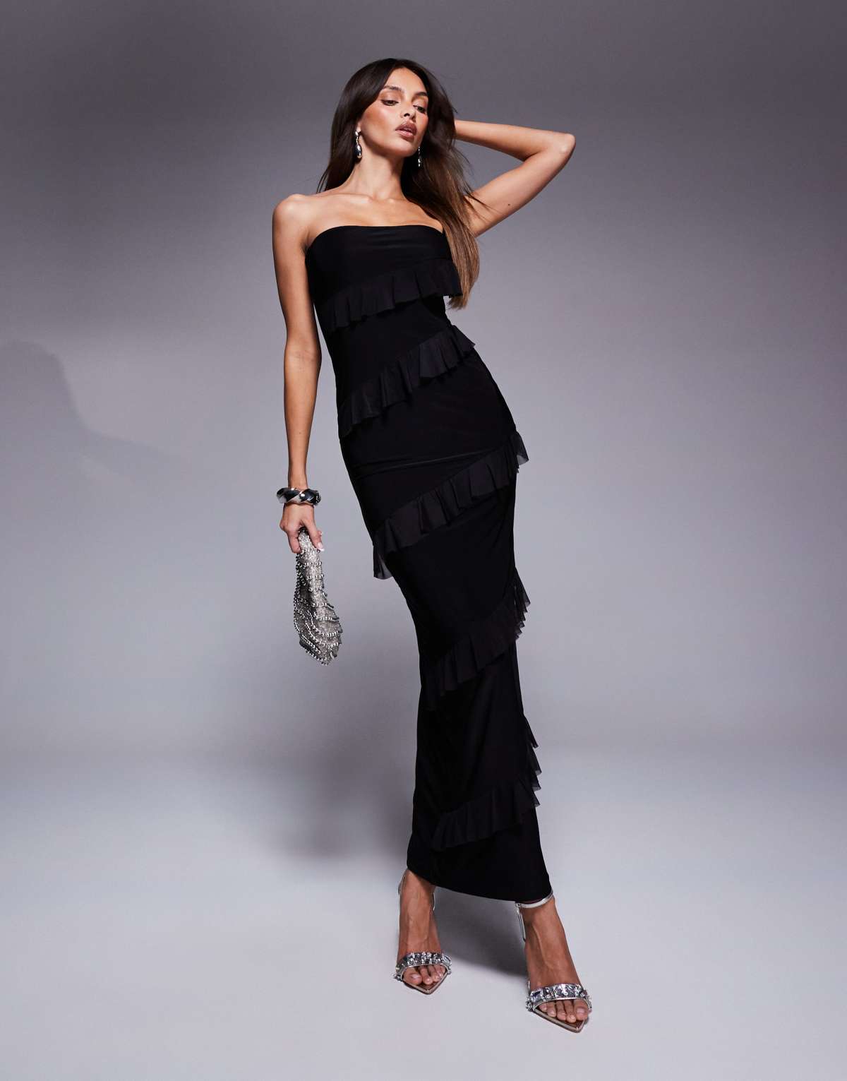 Fashionkilla double sculpted bandeau ruffle maxi dress in black