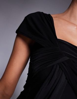 Fashionkilla Double Sculpted Slinky Asymmetric Knot Front Detail Top In Black