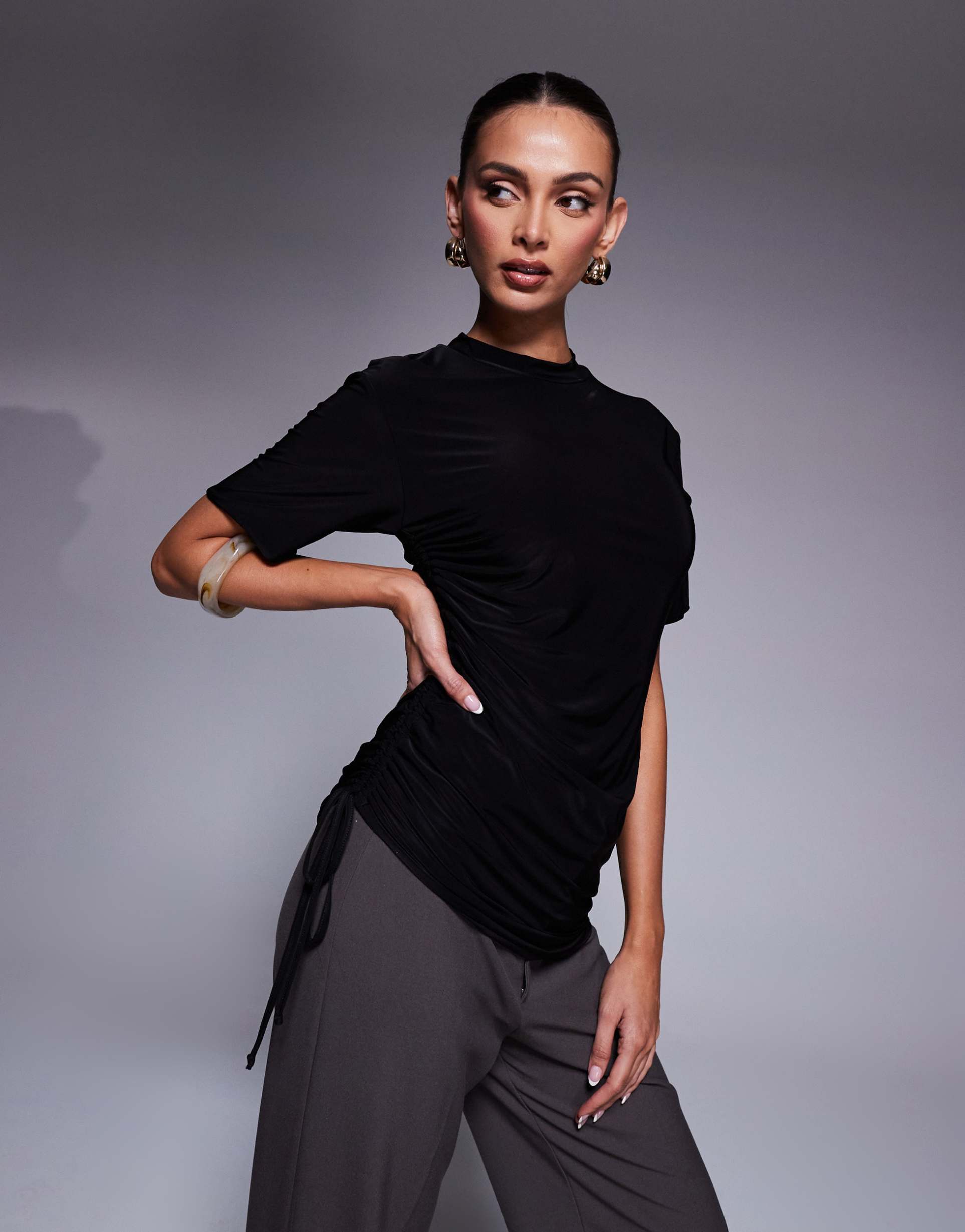 fashionkilla double sculpted slinky asymmetric ruched side t-shirt in black