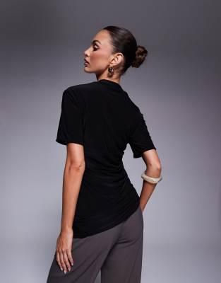 Fashionkilla Double Sculpted Slinky Asymmetric Ruched Side T-shirt In Black
