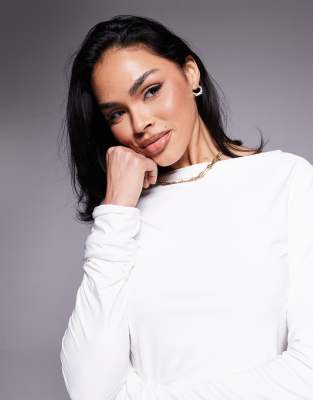 Fashionkilla Double Sculpted Slinky Asymmetric Shoulder Long Sleeve Top In White