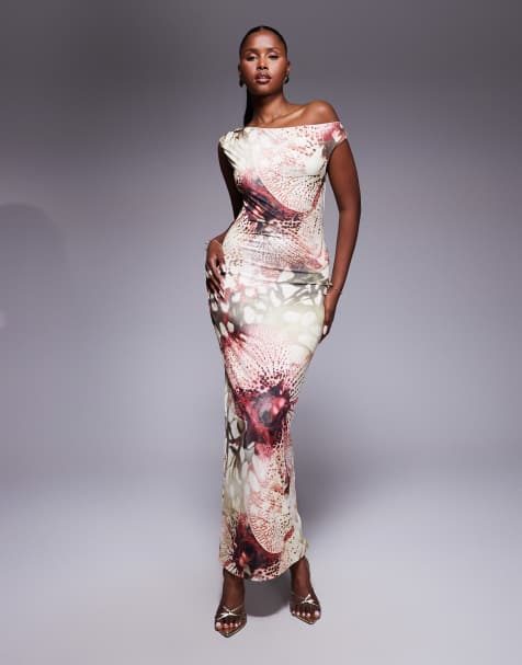 Fashionkilla double sculpted slinky asymmetric shoulder maxi dress in animal flower print - view 1