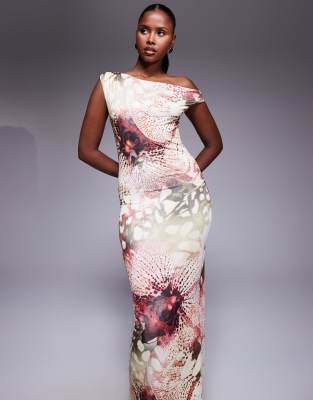 Fashionkilla Double Sculpted Slinky Asymmetric Shoulder Maxi Dress