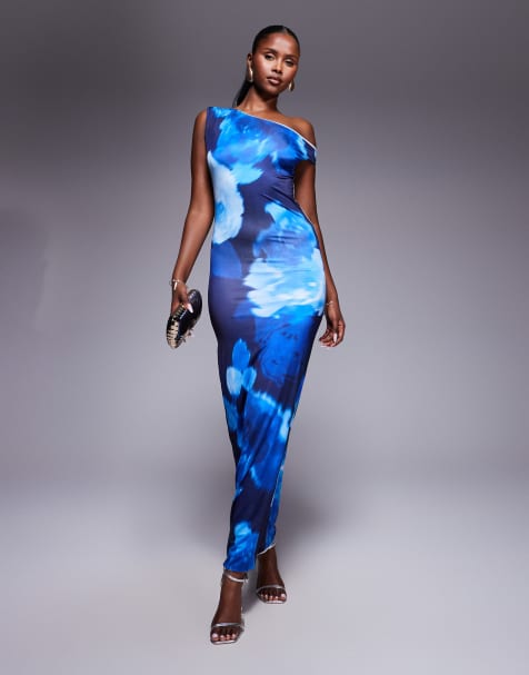 Fashionkilla double sculpted slinky asymmetric shoulder maxi dress in blue blurred flower print - view 1