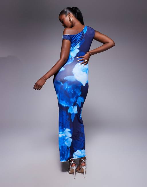 Fashionkilla double sculpted slinky asymmetric shoulder maxi dress in blue blurred flower print, 4 of 4