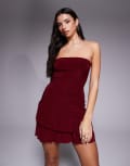 [Fashionkilla] Fashionkilla double sculpted slinky bandeau drop waist ruffle hem mini dress in burgundy-Red 6 BURGUNDY