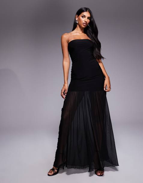 Fashionkilla double sculpted slinky bandeau flower applique sheer hem maxi dress in black - view 1